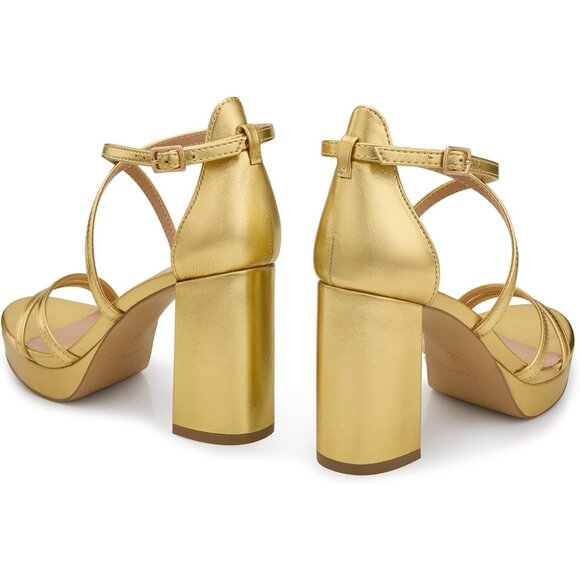 Women's Gold Sandal Stylish Comfortable Nude Chunky Blocked Strappy Heel Shoe - Picture 5 of 6